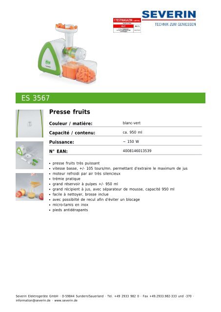 Severin ES 3567 Presse fruits - Fiche technique