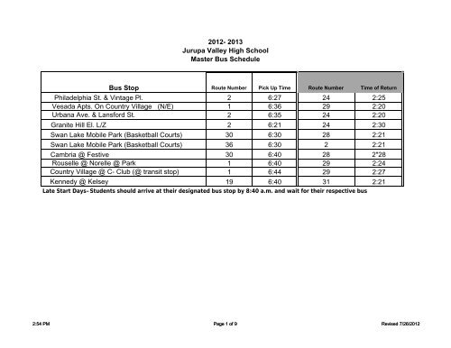 2012- 2013 Jurupa Valley High School Master Bus Schedule Bus ...