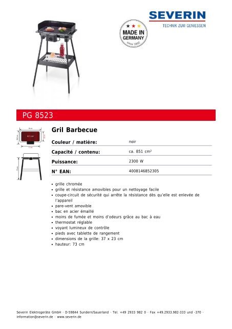Severin PG 8523 Gril Barbecue - Fiche technique