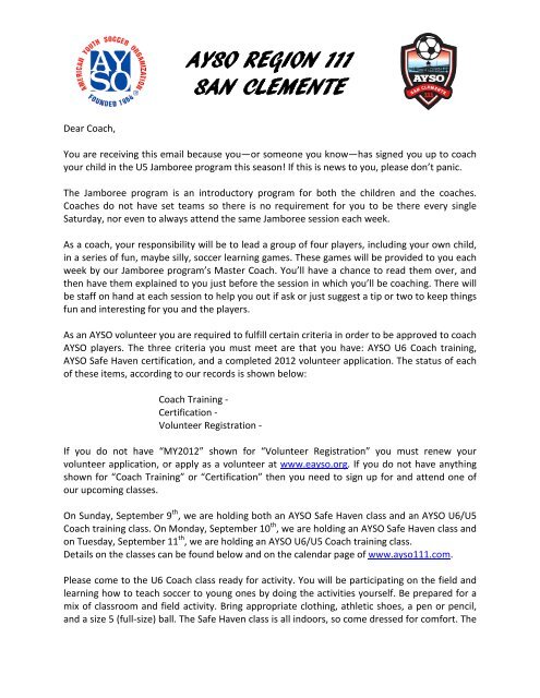 U5 Coach Introduction Letter - AYSO Region 111 San Clemente