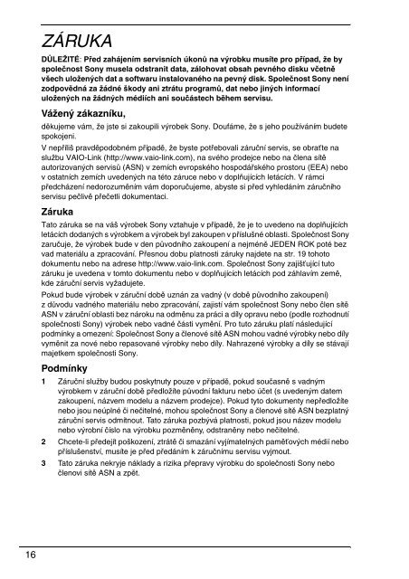 Sony VGN-P29VN - VGN-P29VN Documents de garantie Tch&egrave;que