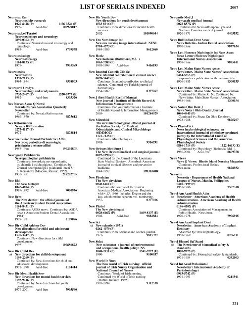 list of serials indexed