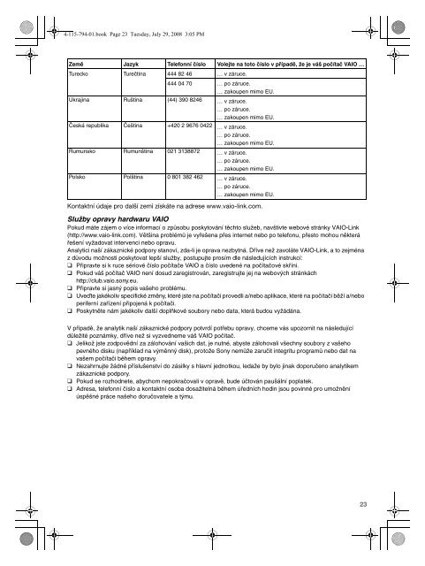 Sony VGN-SR29VN - VGN-SR29VN Documents de garantie Tch&egrave;que