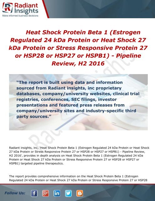 Heat Shock Protein Beta 1 (Heat Shock 27 kDa Protein ) - Pipeline Review, H2 2016