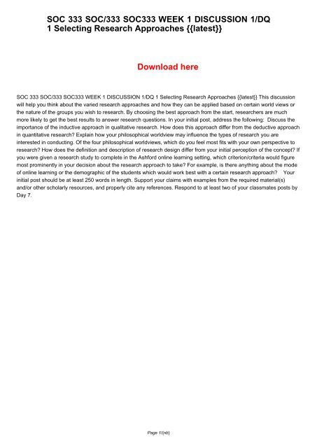 SOC 333 SOC/333 SOC333 WEEK 1 DISCUSSION 1/DQ 1 Selecting Research ...