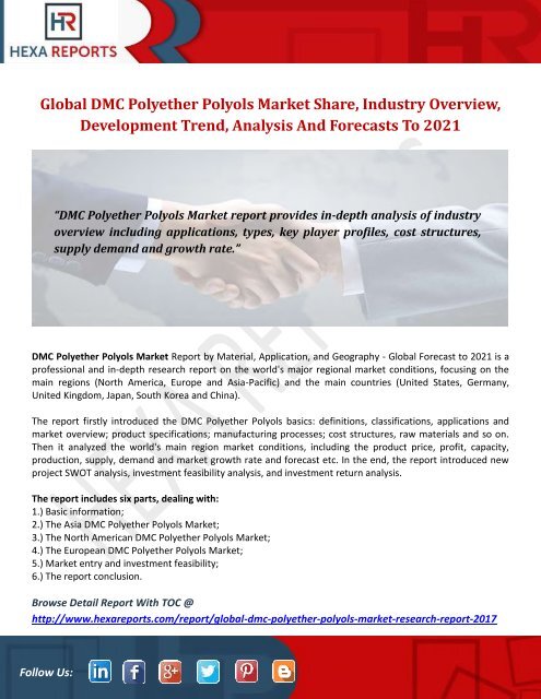  DMC Polyether Polyols Market Share | 2017 Industry Report By Hexa Reports