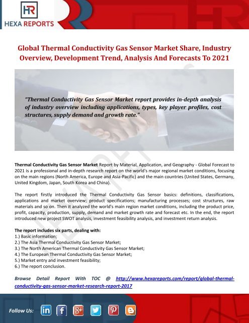 Thermal Conductivity Gas Sensor Market Share | 2017 Industry Report By Hexa Reports