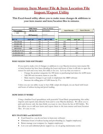 Inventory Item Master File & Item Location File Import ... - esta group