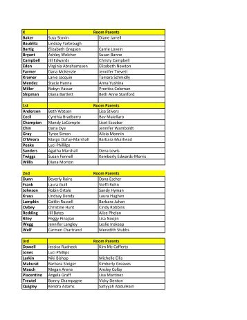 2012 2013 Room Parent List - Sarah Smith Elementary School