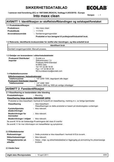 SIKKERHETSDATABLAD Into maxx clean - ECOonline