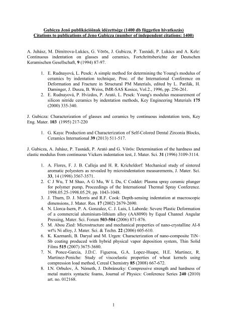 1 Gubicza Jenő publikációinak idézettsége (1400 db független ...