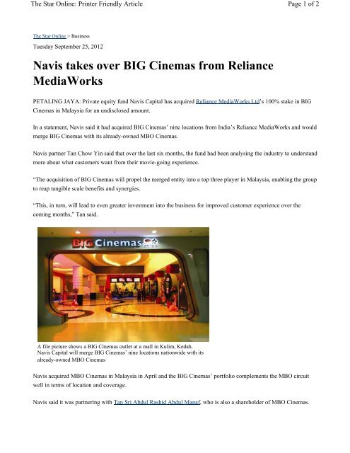 Navis takes over BIG Cinemas from Reliance ... - NAVIS Capital
