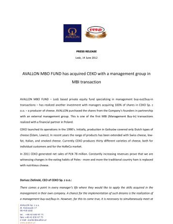 AVALLON MBO FUND has acquired CEKO with ... - Avallon Sp. z o.o.