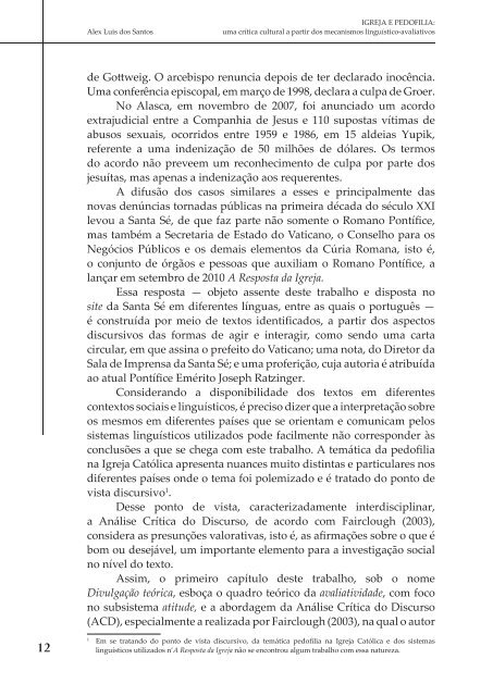 IGREJA E PEDOFILIA : uma crítica cultural a partir dos mecanismos linguistico-avaliativos (Prévia)