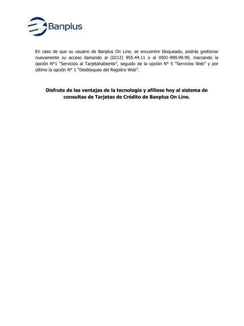 Afiliación a Banplus On Line CONSULTAS TARJETAS DE CRÉDITO