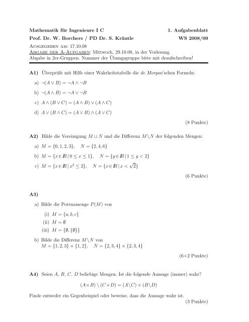 Mathematik für Ingenieure I C 1. Aufgabenblatt Prof. Dr. W. Borchers ...