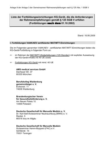 Liste der Fortbildungseinrichtungen KG-Gerät, die die ...