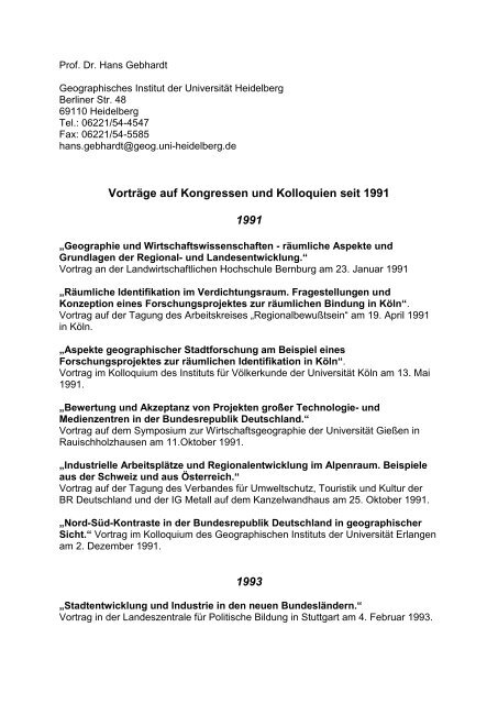 Vorträge - Geographisches Institut der Universität Heidelberg