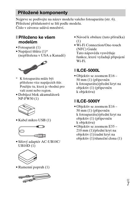 Sony ILCE-5000L - ILCE-5000L Consignes d&rsquo;utilisation Tch&egrave;que