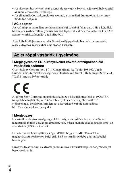 Sony ILCE-5000L - ILCE-5000L Consignes d&rsquo;utilisation Hongrois