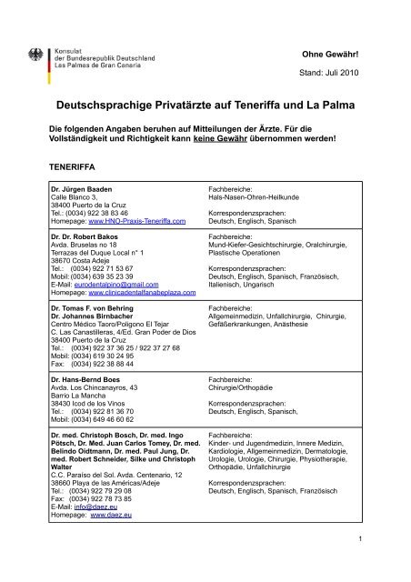 Deutschsprachige Privatärzte auf Teneriffa und La Palma