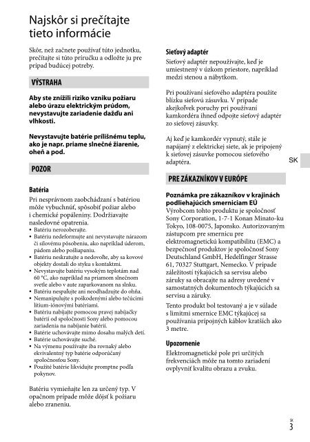 Sony DCR-PJ5E - DCR-PJ5E Consignes d&rsquo;utilisation Slovaque