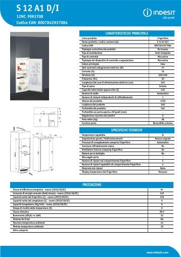 KitchenAid S 12 A1 D/I - Refrigerator - S 12 A1 D/I - Refrigerator IT (F093708) Product data sheet