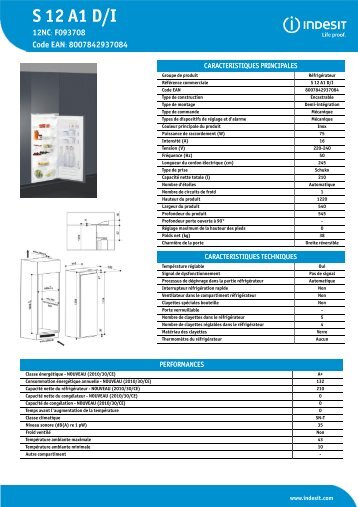 KitchenAid S 12 A1 D/I - Refrigerator - S 12 A1 D/I - Refrigerator FR (F093708) Product data sheet