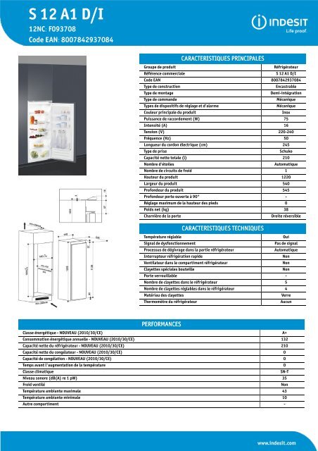 KitchenAid S 12 A1 D/I - Refrigerator - S 12 A1 D/I - Refrigerator FR (F093708) Product data sheet