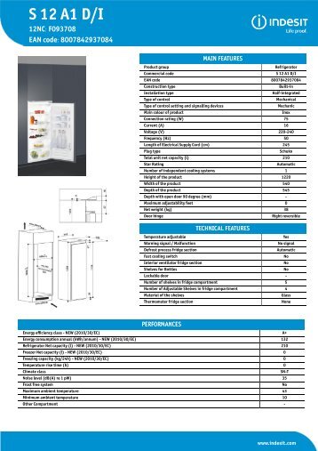 KitchenAid S 12 A1 D/I - Refrigerator - S 12 A1 D/I - Refrigerator EN (F093708) Product data sheet