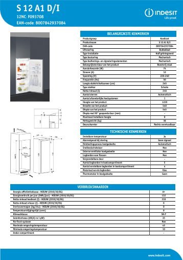 KitchenAid S 12 A1 D/I - Refrigerator - S 12 A1 D/I - Refrigerator NL (F093708) Product data sheet