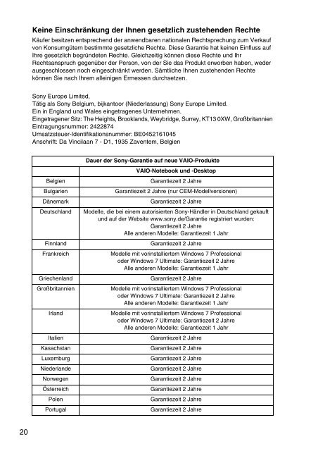 Sony SVE14A1M6E - SVE14A1M6E Documents de garantie Allemand