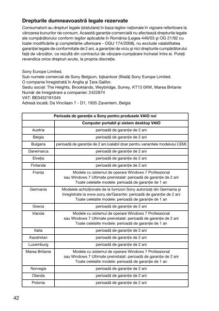 Sony SVE14A1M6E - SVE14A1M6E Documents de garantie Roumain