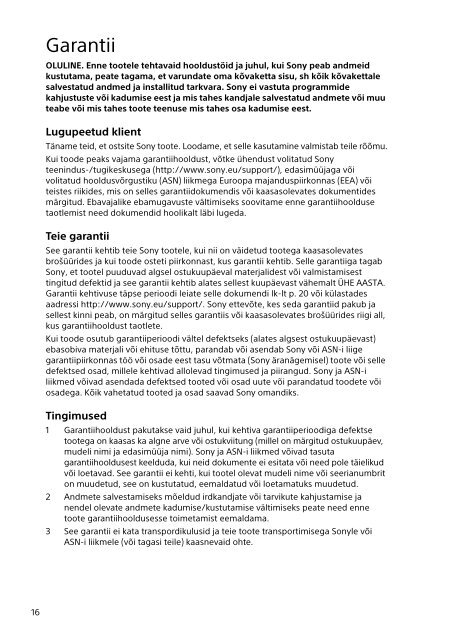 Sony SVP1321L1R - SVP1321L1R Documents de garantie Estonien