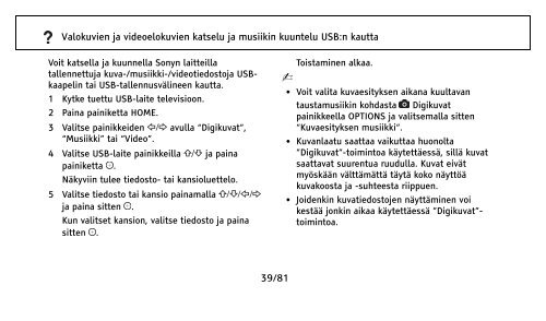 Sony KDL-32NX500 - KDL-32NX500 Consignes d&rsquo;utilisation Finlandais