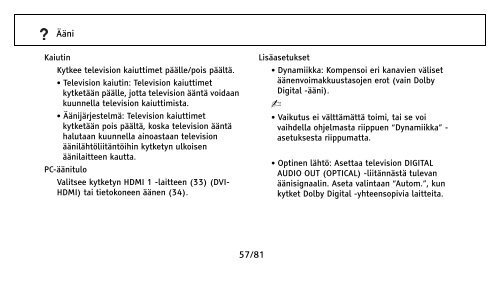 Sony KDL-32NX500 - KDL-32NX500 Consignes d&rsquo;utilisation Finlandais