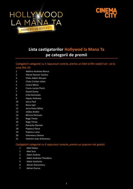 Lista castigatorilor Hollywod la Mana Ta pe categorii de premii