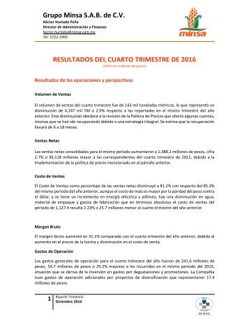 Grupo Minsa S.A.B de C.V RESULTADOS DEL CUARTO TRIMESTRE DE 2016