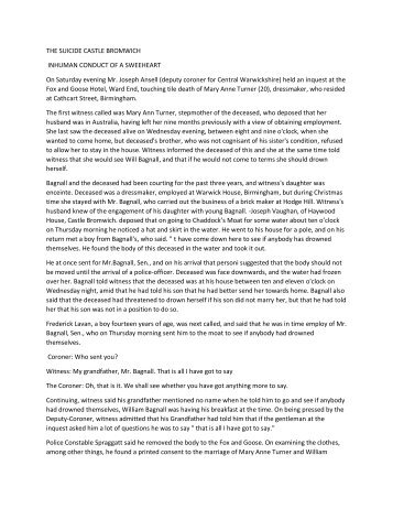 Castle Bromwich Riots 1866 -  Inquest Mary Anne Turner