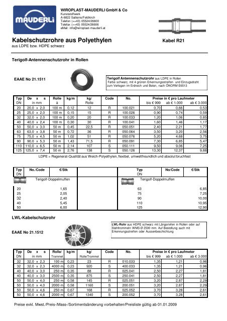 Kabelschutzrohre aus Polyethylen - bei WIROPLAST-MAUDERLI ...