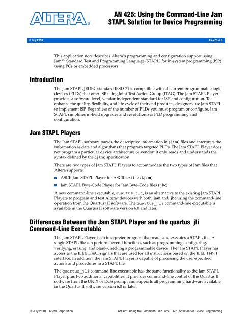 AN 425: Using Command-Line Jam STAPL Solution for Device - Altera