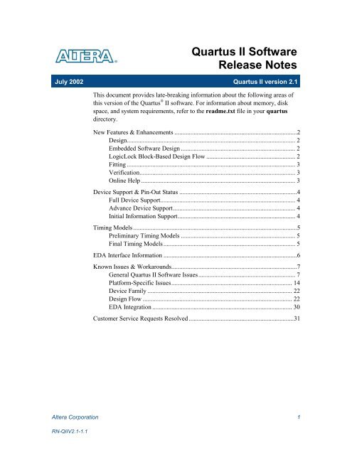 Quartus II Software version 2.1 Release Notes - Altera