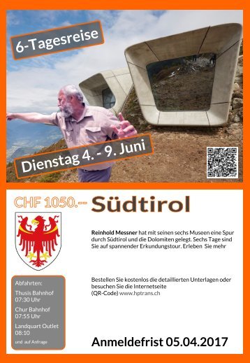 Südtirol 6 Tagereise Dienstag 4. - 9. Juni Flyer Rückseite bis Juni 2017