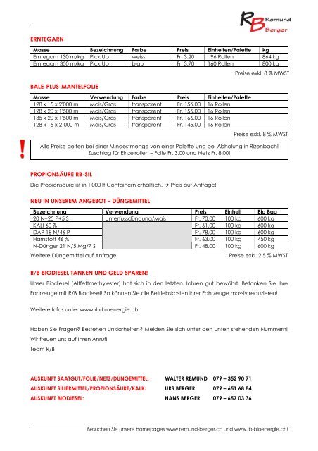 PREISLISTE HILFSSTOFFE 2012