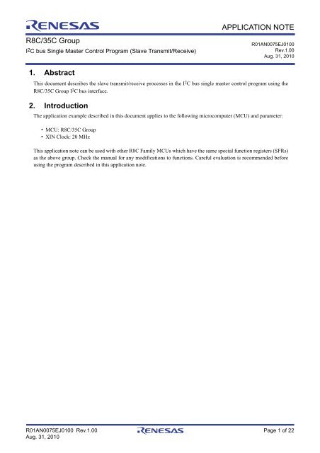 R8C/35C Group I2C bus Single Master Control Program - Renesas ...