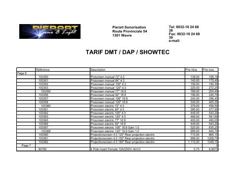 TARIF DMT / DAP / SHOWTEC - Ets.Pierart