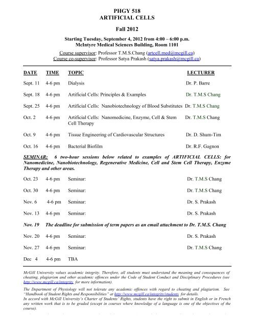 Phgy 518 Artificial Cells Fall 12 Mcgill University