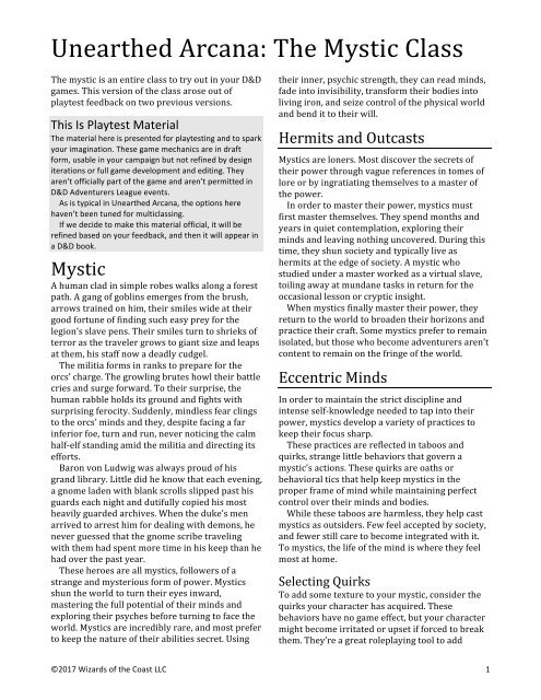 Unearthed Arcana The Mystic Class