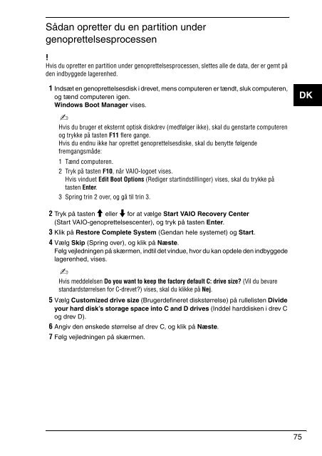 Sony VGN-NW24MG - VGN-NW24MG Guide de d&eacute;pannage Danois