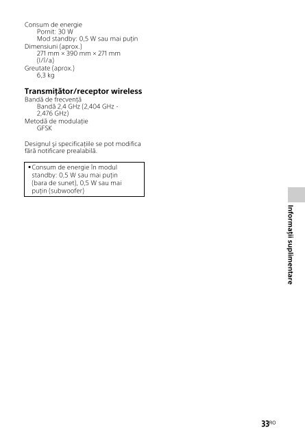 Sony HT-CT260H - HT-CT260H Mode d'emploi Roumain